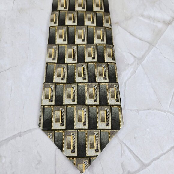 Pierre Cardin 100% Silk Men's Tie Gray & Gold Repeating Rectangle Pattern - Picture 2 of 6